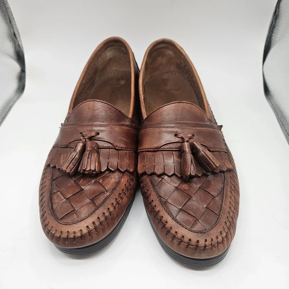 Hunters Bay Mens Brown Woven Leather Tassel Kiltie Loafers Size 9.5 Slip On